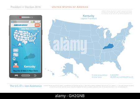 Vereinigte Staaten von Amerika-Karten und Kentucky Staatsgebiet. politische Karte der USA Vektor. US-Wahl-Hilfe-app für Smartphone Stock Vektor