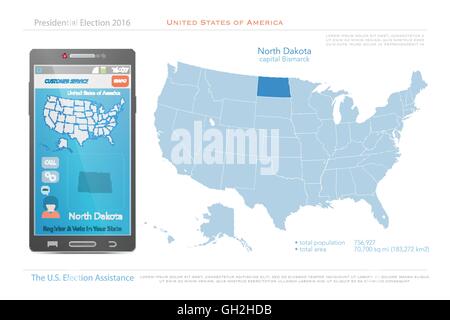 Vereinigte Staaten von Amerika-Karten und North Dakota Zustand-Territorium. politische Karte der USA Vektor. US-Wahl Hilfe app für intelligente p Stock Vektor