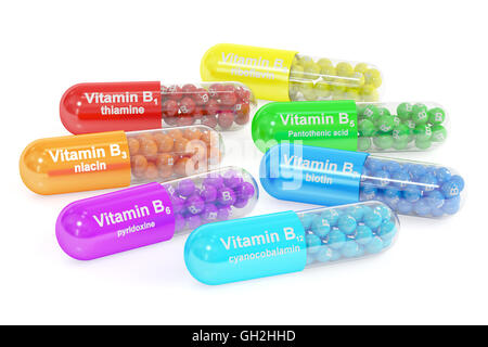 "Kapseln" Satz von Vitamin B1, B2, B3, B5, B6, B7, B12. 3D-Rendering isoliert auf weißem Hintergrund Stockfoto