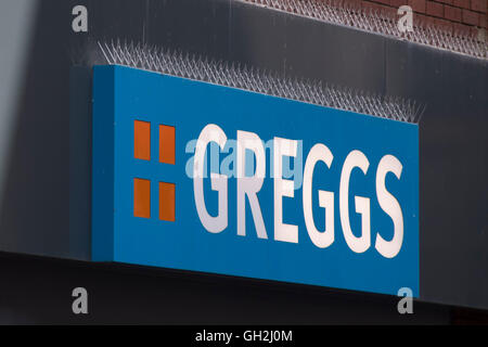 Greggs Bäcker unterzeichnen Logo. Stockfoto