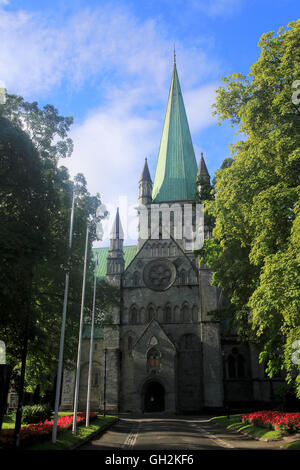 Am frühen Morgen Sonnenschein auf historische Kathedrale spire, Nidaros Domkirke, Trondheim, Norwegen Stockfoto