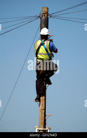 Instandhalter an einen Telegrafenmast Stockfoto