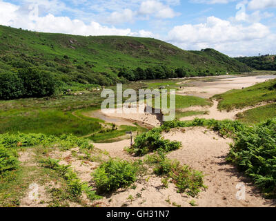 Salzwiesen und Dünen unter der ehemaligen Steilküste bei drei Cliff Bay, Gower, Wales demonstrieren Küsten Ablagerung features Stockfoto