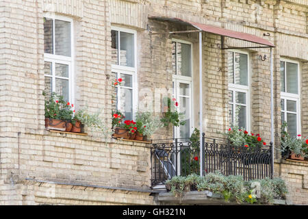 Balkon und Fenster mit Blumen in alten Backstein-Haus. Im freien Stockfoto