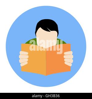 Lesen Sie Mann-Symbol. FAQ-Konzept. Flache Darstellung. In farbigen Kreis auf weißem Hintergrund isoliert. Stock Vektor