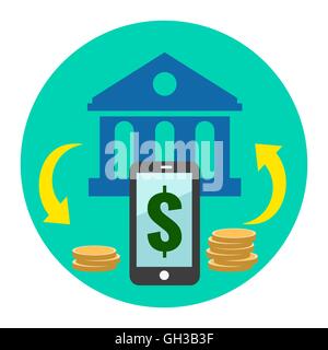 Mobile-Banking-Symbol. Flache Darstellung. In farbigen Kreis auf weißem Hintergrund isoliert. Stock Vektor