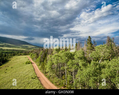 Luftaufnahme einer Backcountry-Straße in den Rocky Mountains - Sand Creek Road in northern Colorado Stockfoto