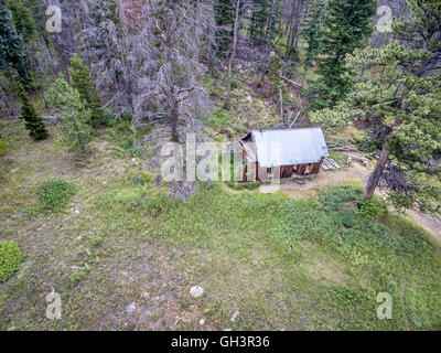 Luftaufnahme der Ruinen einer rustikalen Hütte Weg alte Blumen im Roosevelt National Forest, einem beliebten Jeep Trail in der Nähe von Fort Colli Stockfoto