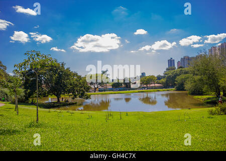 CURITIBA, Brasilien - 12. Mai 2016: schönen kleinen See befindet sich im Botanischen Garten, im Hintergrund die Skyline der Stadt Stockfoto