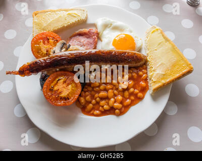Full English Breakfast Speck gebraten Ei Wurst Pilzen Bohnen Blutwurst und gebratenen Tomaten serviert in Yorkshire Stockfoto