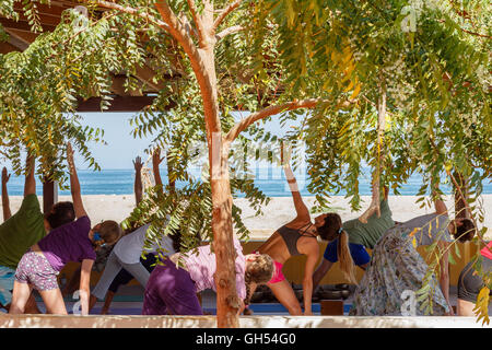 Eine Gruppe von Menschen, die eine Klasse von Yoga in Strandnähe Stockfoto