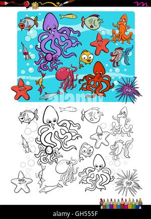 Cartoon-Illustration von Sea Life Zeichen Coloring Book-Aktivität Stock Vektor