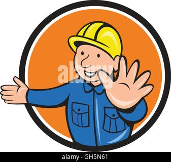 Abbildung von einem Baumeister Bau Arbeiter tragen Bauarbeiterhelm Hand Stopp-Signal vom vorderen Satz im inneren Kreis auf isolierte Hintergrund getan im Cartoon-Stil zu tun. Stock Vektor