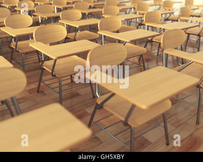 Schulklasse mit leeren Schule Stühlen und Tafel. Zurück zum Schulkonzept. 3D illustration Stockfoto