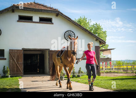 Mädchen mit Pferd im Stall Stockfoto