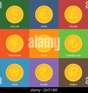 Flache goldene Münzen. Währung-Symbole. Vektor-Illustration. Stock Vektor