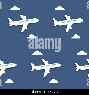 Nahtlose Muster. Flugzeugen und Wolken auf blauem Hintergrund. Vektor-Illustration Stock Vektor