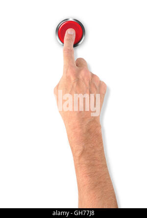 Ein Mann eine großen roten Start-Stop-Alarm-Taste mit dem Finger drücken Stockfoto