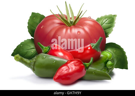 Erbstück-Tomaten, rote und grüne Habanero Paprika, Chili, Basilikum. Zutaten für heiße Soße, Ketchup. Beschneidungspfade, Schatten-Trennung Stockfoto