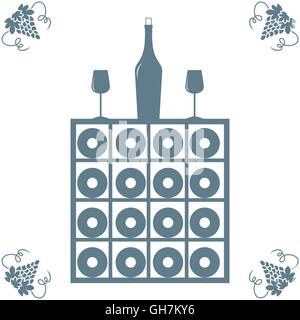 Stilisierte Ikone eines farbigen Weinregal, Flasche Wein, Weingläser und Trauben auf weißem Hintergrund Stock Vektor