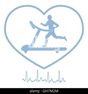 Stilisierte Ikone des Mannes Joggen auf einem Laufband im Rahmen der Herz-Symbol und Herzrhythmus auf weißem Hintergrund Stock Vektor