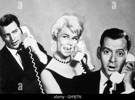 SCHADSTOFFKONTROLLIERTEN Pillow Talk USA 1959 Michael Gordon Brad (ROCK HUDSON), Jan (DORIS DAY) Und Jonathan (TONY RANDALL) Beim Telefonieren. Film, Fernsehen, Komödie, Liebesfilm, 50er-Regie: Michael Gordon aka. Pillow Talk Stockfoto