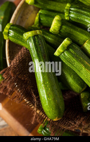 Rohe grüne Bio-Baby-Zucchini in eine Schüssel geben Stockfoto