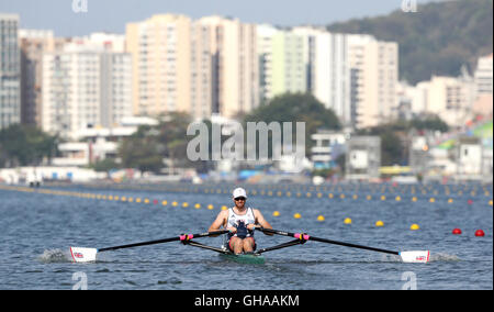 Der Brite Alan Campbell konkurriert im Mens einzelne Sculls Viertelfinale am Lagoa Stadion am vierten Tag der Olympischen Spiele in Rio, Brasilien. Stockfoto