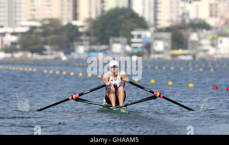 Der Brite Alan Campbell konkurriert im Mens einzelne Sculls Viertelfinale am Lagoa Stadion am vierten Tag der Olympischen Spiele in Rio, Brasilien. Stockfoto