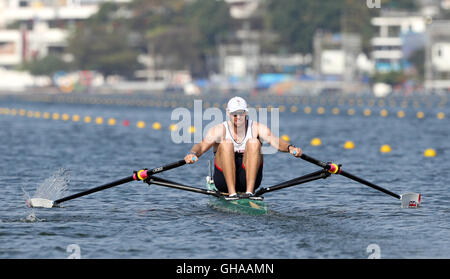 Der Brite Alan Campbell konkurriert im Mens einzelne Sculls Viertelfinale am Lagoa Stadion am vierten Tag der Olympischen Spiele in Rio, Brasilien. Stockfoto