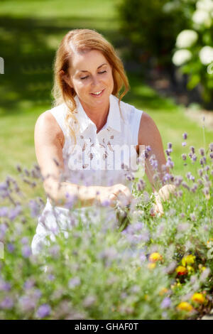 Frau trimmen Blumen im freien Stockfoto