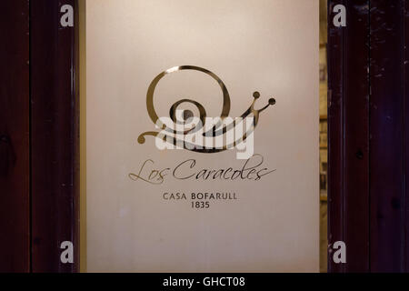 Symbol der sehr berühmten Restaurant in Barcelona Spanien, Los Caracoles Stockfoto