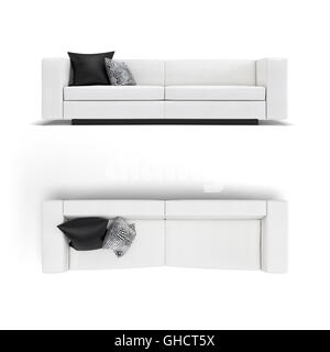 Sofa mit Kissen schwarz isoliert 3D-Rendering. 2 Blick auf weißem Hintergrund Stockfoto