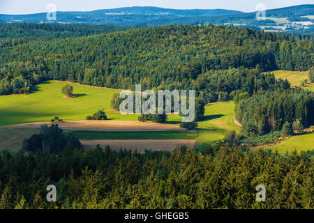 Luftaufnahme von Lookout U Jakuba tschechische Landschaft als Böhmisches Kanada bekannt. Touristischer Ort. Ich betrachte den Wald, Feld und Wiesen Stockfoto