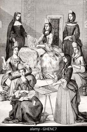 Marquise de Maintenon und ihr Palast Damen, französischen Königshof Kostümen des 17. Jahrhunderts Stockfoto