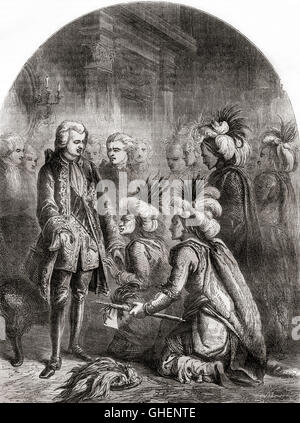 Indianer sind am Hof von George III, London, England, 1777 vorgestellt. Stockfoto