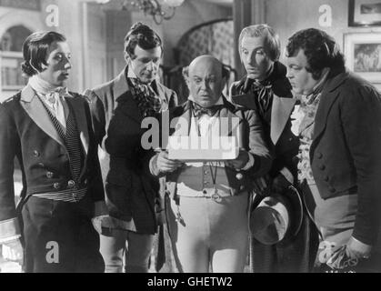 DIE PICKWICK PAPERS UK 1952 Noel Langley NIGEL PATRICK (Herr Jingle), JAMES DONALD (Nathaniel Winkle), JAMES HAYTER (Samuel Pickwick), HARRY FOWLER (Sam Weller), LIONEL MURTON (Augustus Snodgrass) in einer komischen Szene. Regie: Noel Langley Stockfoto