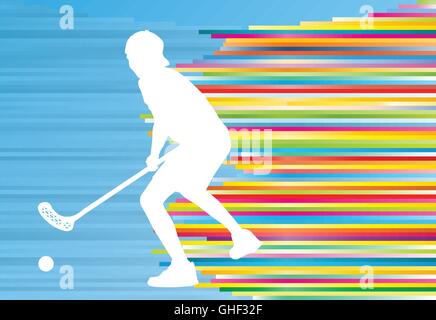 Floorball Spieler Mann Silhouette Hockey mit Stock und Ball Illustration Vektor bunte Konzept mit blauem Hintergrund und colorfu Stock Vektor