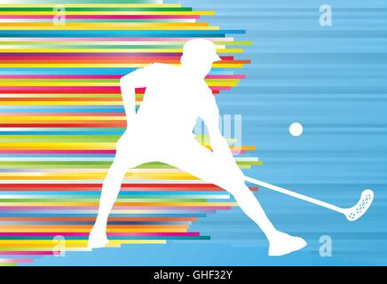 Floorball Spieler Mann Silhouette Hockey mit Stock und Ball Illustration Vektor bunte Konzept mit blauem Hintergrund und colorfu Stock Vektor