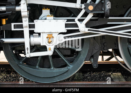 Räder der Dampflok mit den macht-teilen Stockfoto