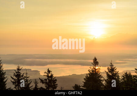 Aigen Im Mühlkreis: Gipfel Bärenstein mit Blick auf den Lipno-Stausee der Moldau bei Sonnenaufgang, Österreich, Oberösterreich, Upper Aust Stockfoto