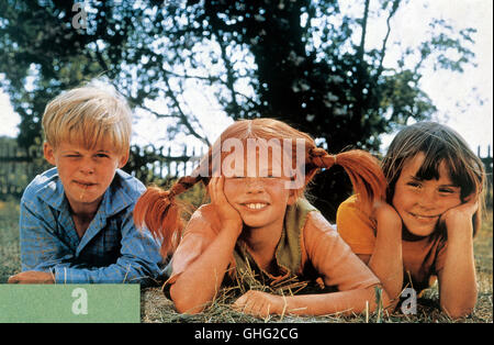 Tommy (PÄR SUNDBERG), Pippi (INGER NILSSON), Annika (MARIA PERSSON)-Regie: Olle Hellblom aka. Pippi Langstrump Stockfoto