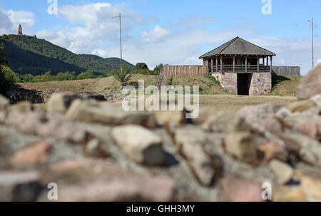 Tilleda, Deutschland. 29. August 2016. Der Hauptburg Tor und Mauer des königlichen Palastes in Tilleda, Deutschland, 29. August 2016. Neuere Ausgrabungen haben entdeckt, dass das ganze Mittelalter hindurch, der ehemalige Königspalast verwendet, um doppelt so groß als bisher angenommen werden. Otto II (955-983), Kaiser des Heiligen Römischen Reiches, präsentiert das Gebiet, das zu seiner Frau, byzantinische Prinzessin Theophanu als Hochzeitsgeschenk Tilleda Königspalast umfasst. Tilleda ist heute das größte archäologische Freilichtmuseum im deutschen Bundesland Sachsen-Anhalt. Foto: Jan Woitas/Dpa/Alamy Live News Stockfoto