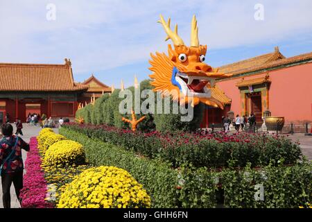 Peking, Peking, China. 27. Sep, 2016. Peking, CHINA-27 September 2016:? (REDAKTION? VERWENDEN SIE? NUR.? CHINA? RAUS) mehr als 30.000 Töpfe mit Chrysanthemen von Kaifeng Stadt sind auf dem Display im Palace Museum am 27. September 2016, Kennzeichnung der kommende Nationalfeiertag, die am 1. Oktober 2016 fällt. Die feinen Chrysanthemen von verschiedenen Arten sind in der verbotenen Stadt vom 27. September bis 16. Oktober 2016 präsentiert. Chrysantheme von Kaifeng Stadt, zentrale ChinaÂ¡Â¯s der Provinz Hunan, gilt als die erste Ebene Chrysantheme in China. © SIPA Asien/ZUMA Draht/Alamy Live-Nachrichten Stockfoto