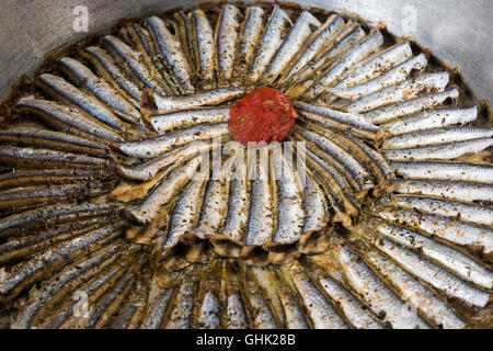 Gekochte Sardinen in Pfanne Stockfoto