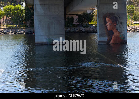 Street Art auf einem Pfeiler der Brücke Queensway, den Los Angeles River, Long Beach, Kalifornien. Stockfoto