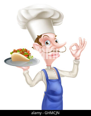 Ein Beispiel für einen Cartoon Chef Holding Kebab perfekte Zeichen Stockfoto