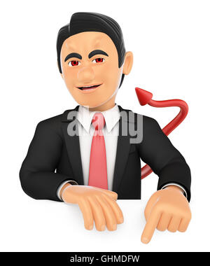 3D Halloween Menschen Abbildung. Lustige Monster. Teufel zeigt nach unten. Leerraum. Isolierten weißen Hintergrund. Stockfoto