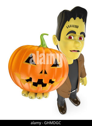 3D halloween People Illustration. Lustiges Monster. Frankenstein mit einem großen Kürbis. Isolierter weißer Hintergrund. Stockfoto