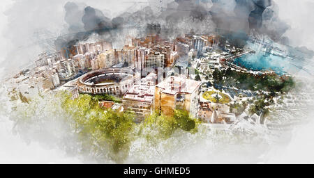 Panoramablick auf Málaga Stierkampfarena und den Hafen, Spanien. Digitalen Aquarellmalerei Stockfoto